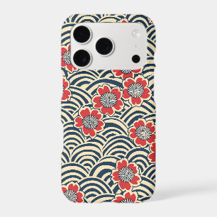 Red Sakura Navy Wave Cream Japanese Pattern