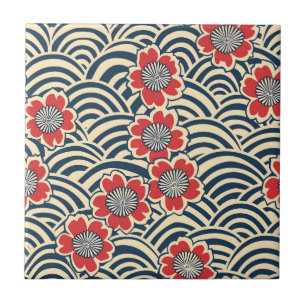 Red Sakura Navy Wave Cream Japanese Pattern Ceramic Tile