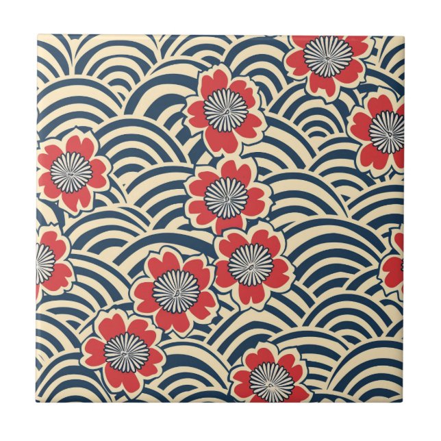 Red Sakura Navy Wave Cream Japanese Pattern Ceramic Tile (Front)