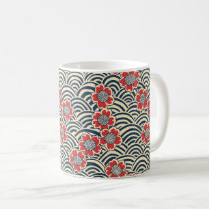 Red Sakura Navy Wave Cream Japanese Pattern Coffee Mug