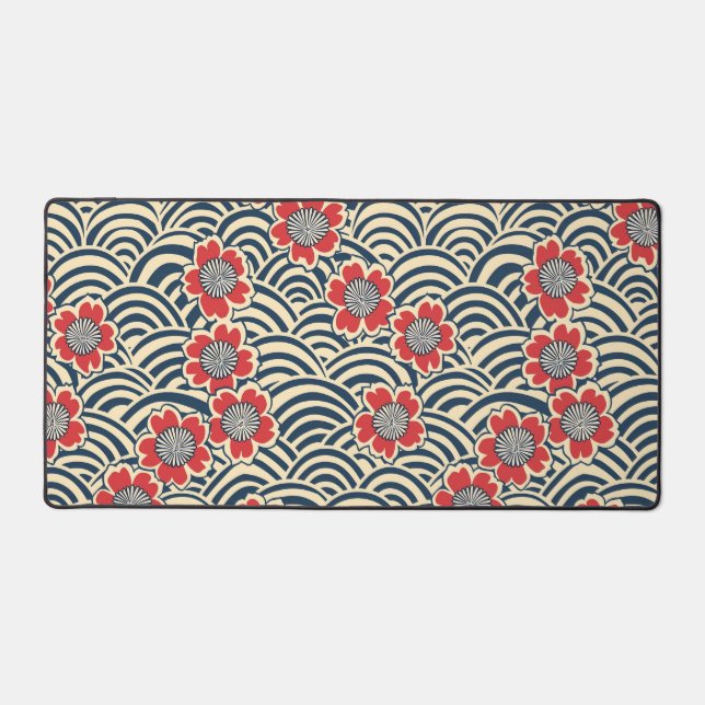 Red Sakura Navy Wave Cream Japanese Pattern Desk Mat (Front)