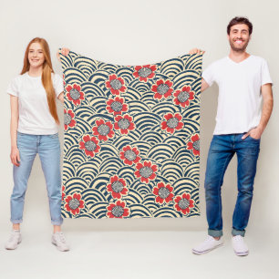 Red Sakura Navy Wave Cream Japanese Pattern Fleece Blanket