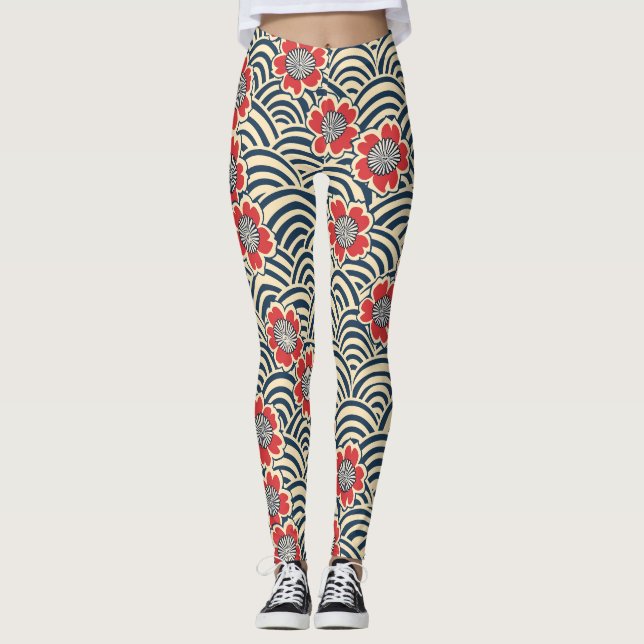 Red Sakura Navy Wave Cream Japanese Pattern Leggings (Front)