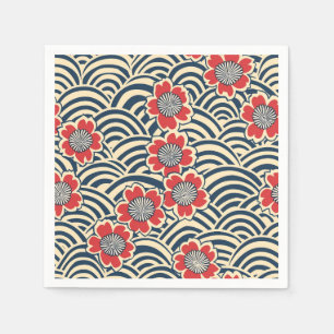 Red Sakura Navy Wave Cream Japanese Pattern Napkin