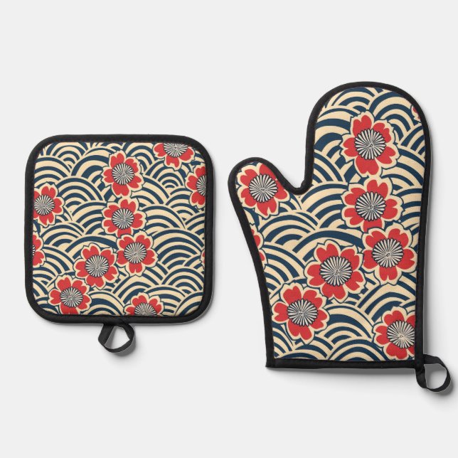 Red Sakura Navy Wave Cream Japanese Pattern Oven Mitt & Pot Holder Set (Front)
