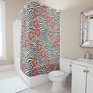 Red Sakura Navy Wave Cream Japanese Pattern Shower Curtain
