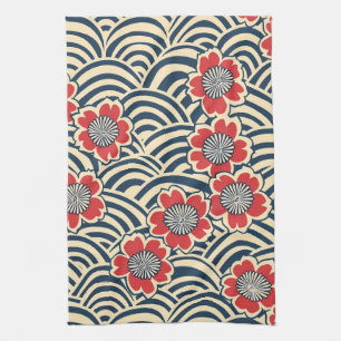 Red Sakura Navy Wave Cream Japanese Pattern Tea Towel