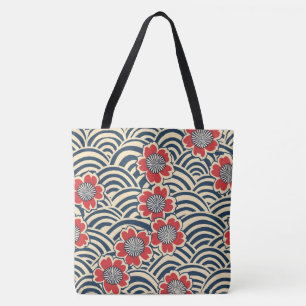 Red Sakura Navy Wave Cream Japanese Pattern Tote Bag