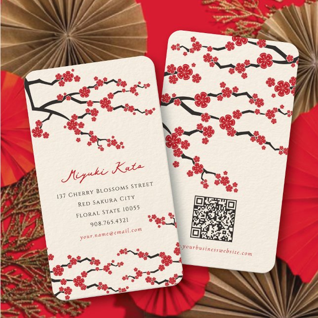 Red Sakura Oriental Cherry Blossoms Profile Card (Elegant Red Sakura Flowers Modern Oriental Chic Cherry Blossoms Business / Profile Card @ fatfatin)