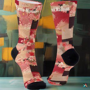 Red Sakura Patchwork Socks with Japanese Charm