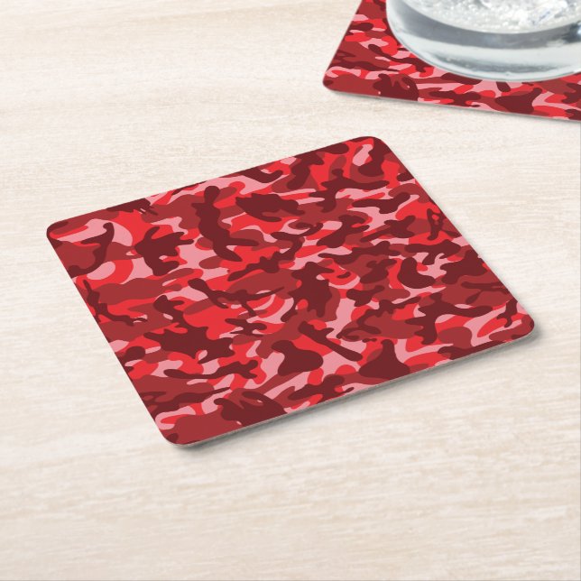 Red Salmon Camouflage  Square Paper Coaster (Angled)