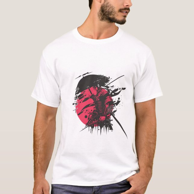Red Samurai Warrior Ink Art T-Shirt | Japanese Kat (Front)