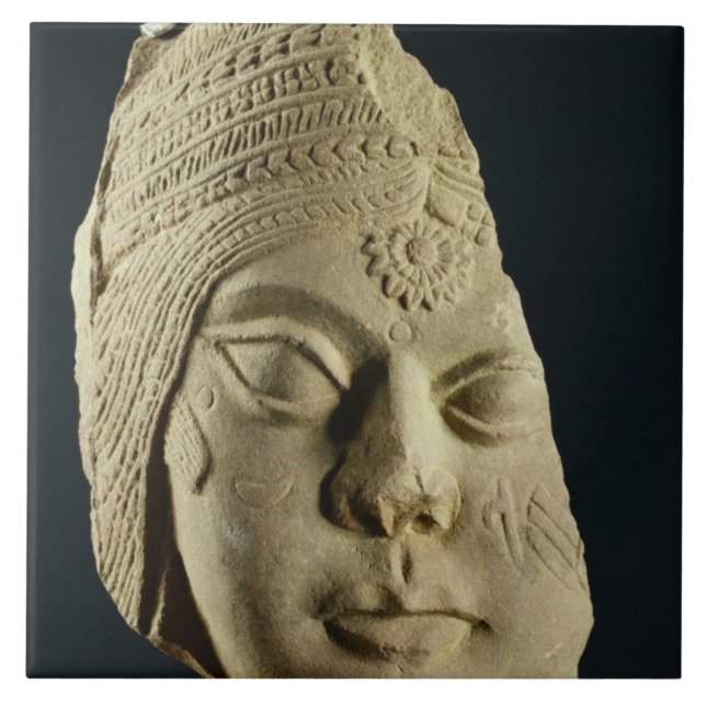 Red sandstone head of Yakshi, Bharhut, 2nd century Ceramic Tile (Front)