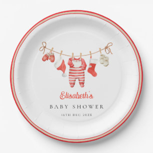 Red Santa Baby Baby Shower Paper Plate
