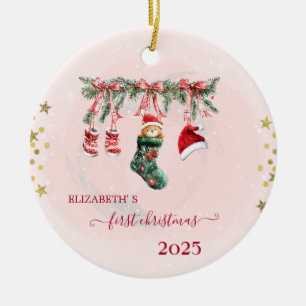 Red Santa Baby Bear Christmas Clothesline Holiday Ceramic Ornament