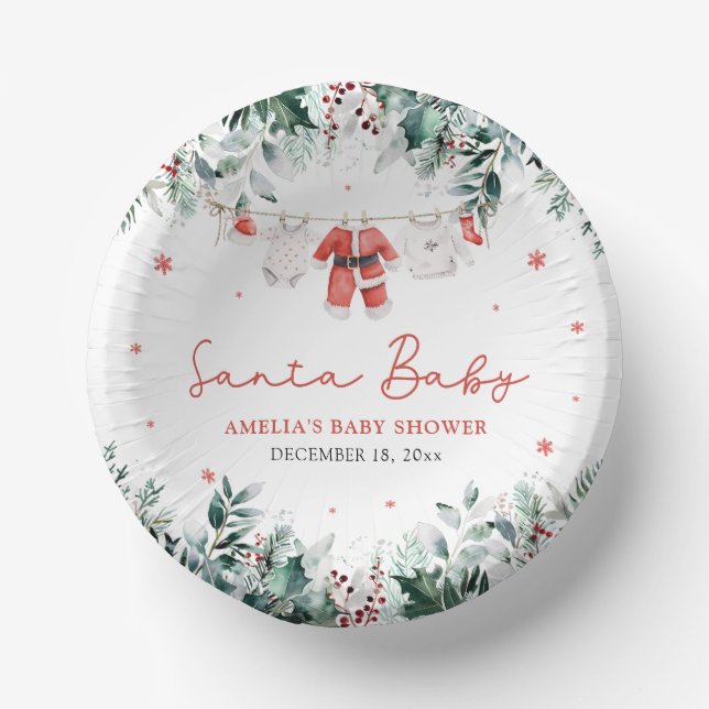 Red Santa Baby Christmas Baby Clothes Baby Shower Paper Plate (Front)