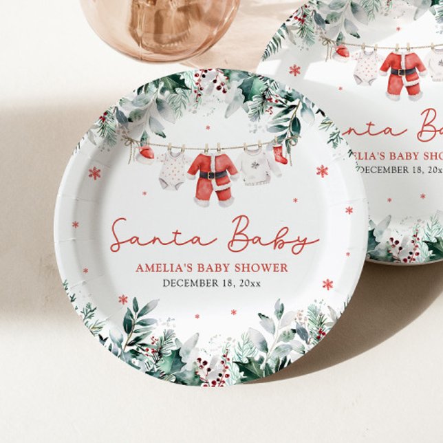 Red Santa Baby Christmas Baby Clothes Baby Shower Paper Plate (Creator Uploaded)