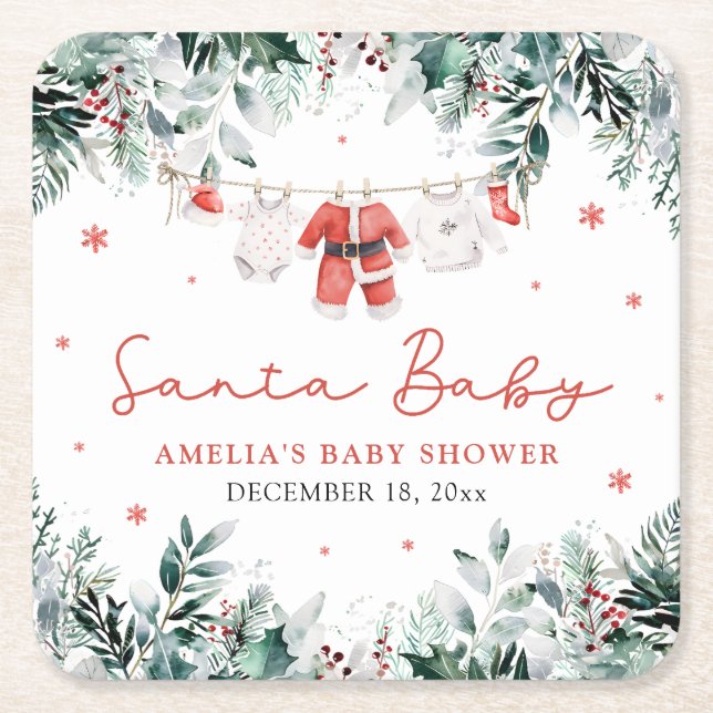 Red Santa Baby Christmas Baby Clothes Baby Shower Square Paper Coaster (Front)