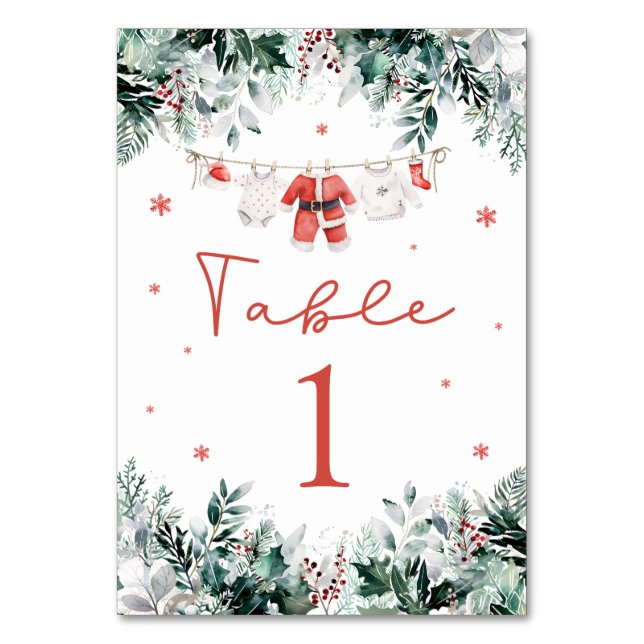 Red Santa Baby Christmas Baby Clothes Baby Shower Table Number (Front)