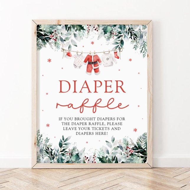 Red Santa Baby Christmas Baby Shower Diaper Raffle Poster (Watercolor Red Santa Baby Christmas Baby Shower Diaper Raffle Sign)