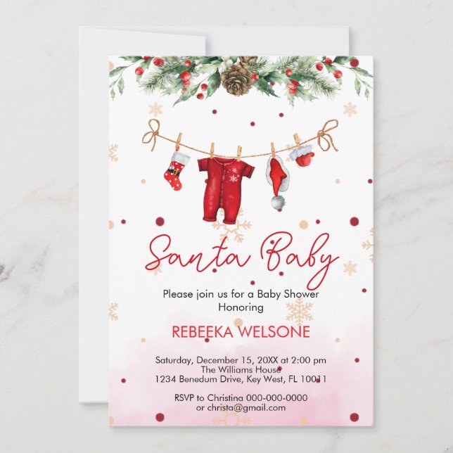 Red santa baby christmas baby shower invitation (Front)
