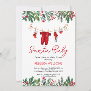 Red santa baby christmas baby shower invitation