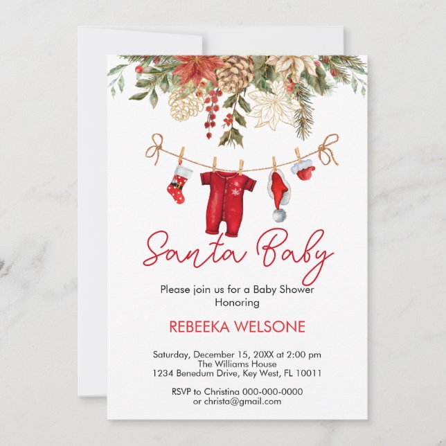 Red santa baby christmas baby shower invitation (Front)