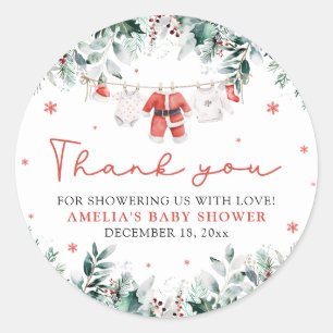 Red Santa Baby Christmas Clothesline Baby Shower Classic Round Sticker