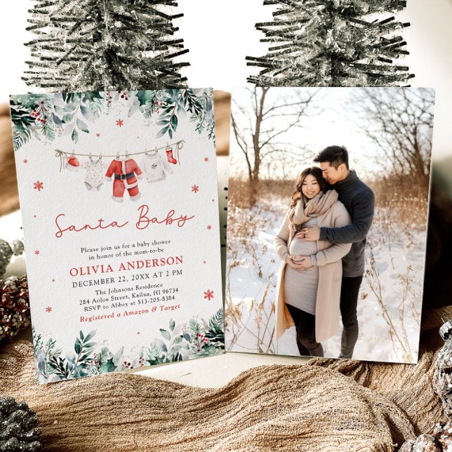 Red Santa Baby Christmas Clothesline Baby Shower Invitation (Creator Uploaded)