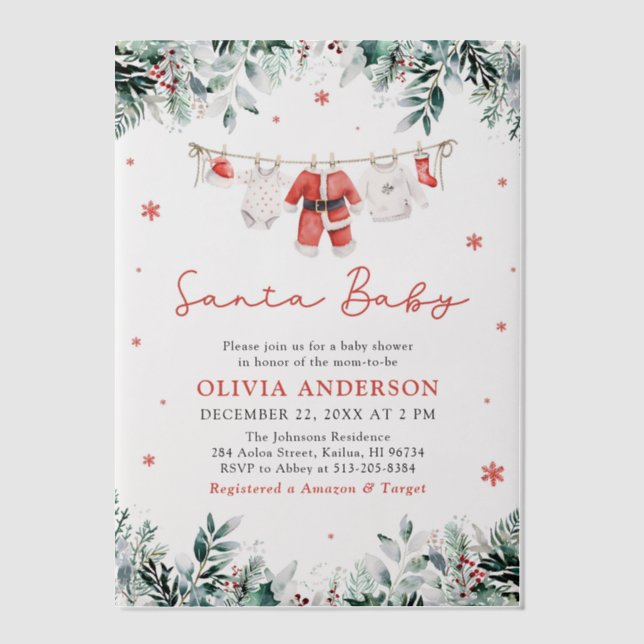 Red Santa Baby Christmas Clothesline Baby Shower Vellum Invitations (Front)