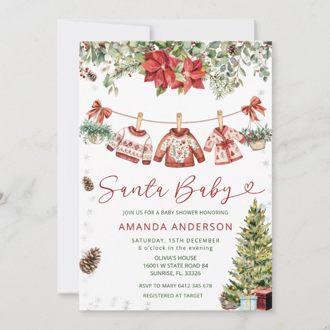 Red Santa Baby Christmas Clothlines Baby Shower  Invitation (Front)