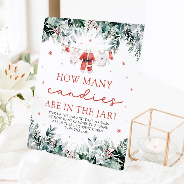 Red Santa Baby Guess How Many Candies Baby Shower  Pedestal Sign (Watercolor Red Santa Baby Guess How Many Candies Baby Shower Pedestal Sign)