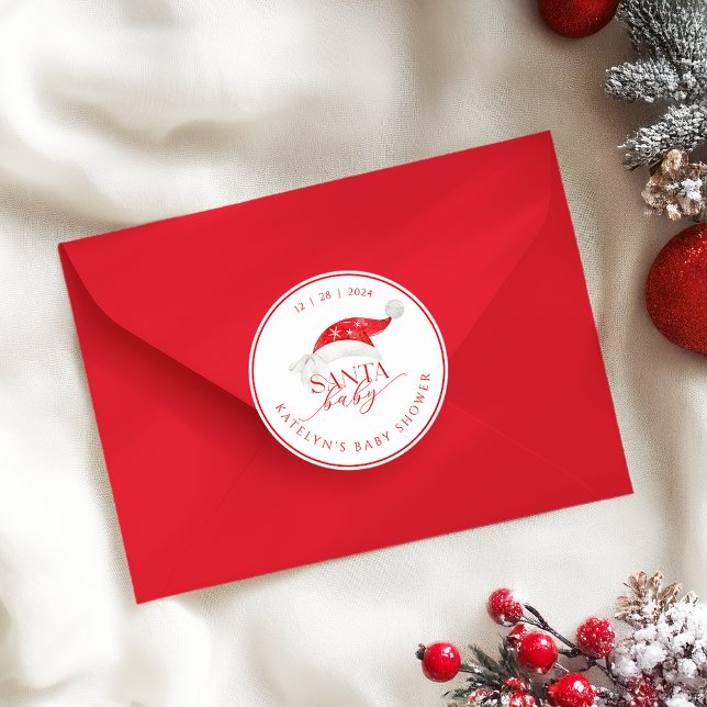 Red Santa Baby Shower Classic Round Sticker (Creator Uploaded)