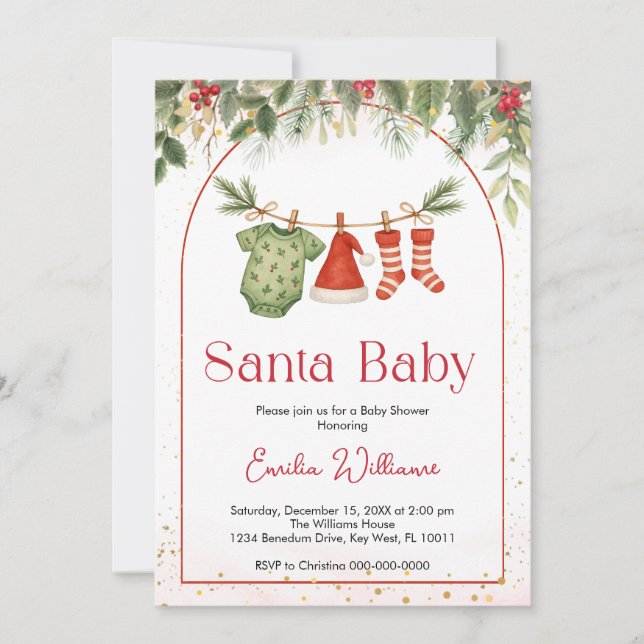 Red Santa Christmas Clothesline Baby Shower Invitation (Front)
