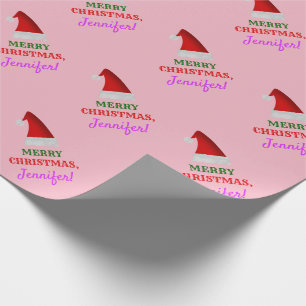 Red Santa Christmas Hat, "MERRY CHRISTMAS!", Name Wrapping Paper