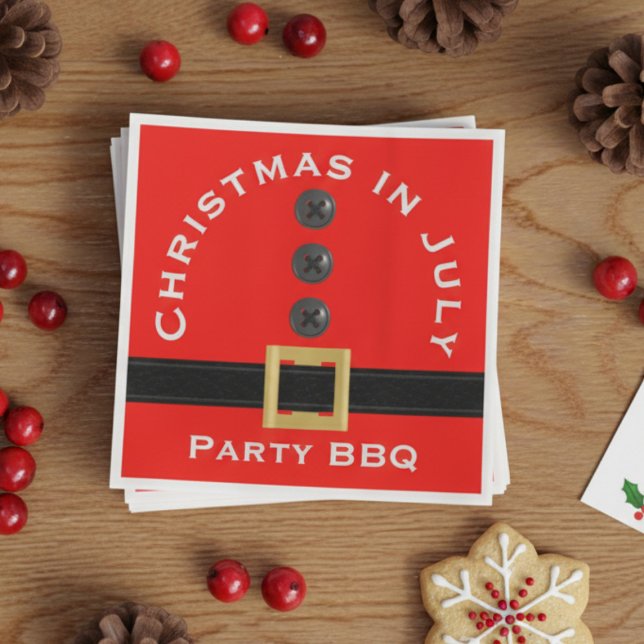 Red Santa Christmas in July Custom Paper Napkins (Transform your holiday party table effortlessly! Add your text)