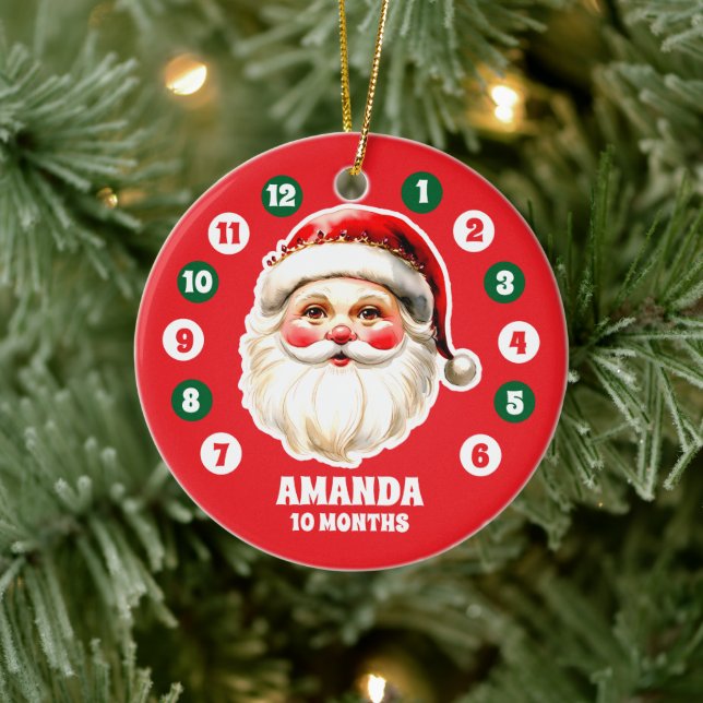 Red Santa Claus Baby Milestone Christmas Photo Ceramic Ornament (Tree)