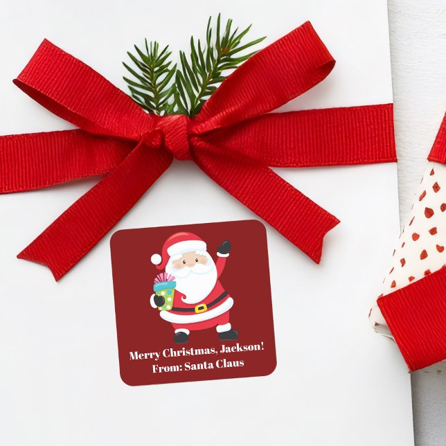 Red Santa Claus Customised Kids Christmas Square Sticker (Creator Uploaded)