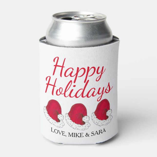 Red Santa Claus Hat Christmas Happy Holidays Can Cooler (Can Front)