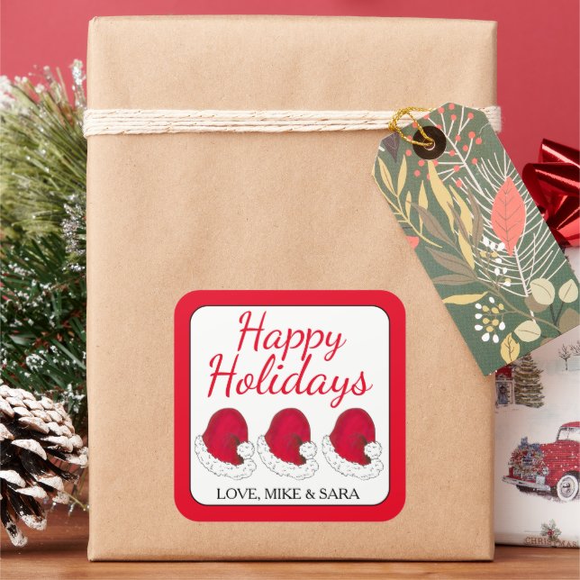 Red Santa Claus Hat Christmas Happy Holidays Square Sticker (Holiday)