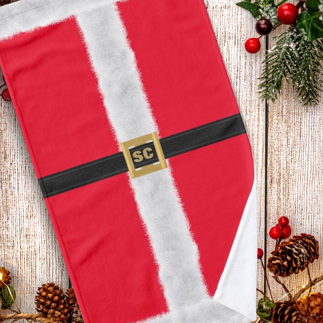 Red Santa Claus Suit Monogram Christmas Holiday Hand Towel (A red and white Santa suit inspired hand towel with space for your initials)