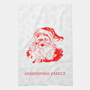 Red Santa Claus White Snowflakes Tea Towel
