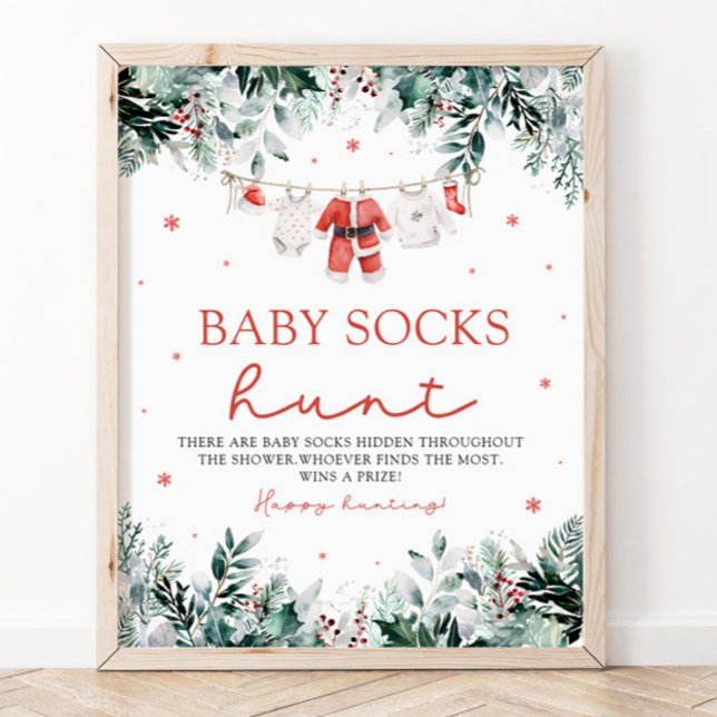 Red Santa Gender Neutral Baby Socks Baby Shower Poster (Watercolor Red Santa Gender Neutral Baby Socks Baby Shower Sign)