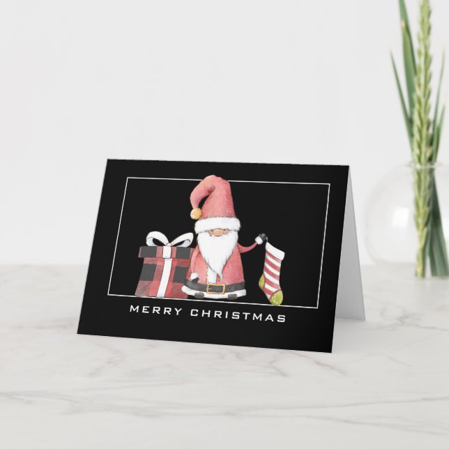 Red  Santa Gnome w/Stocking PHOTO Christmas Card (Front)