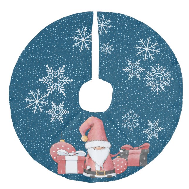 Red Santa Gnome with Gifts Faux Linen Tree Skirt (Front)