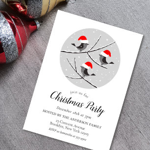 Red Santa Hat Birds Christmas Party Invitation