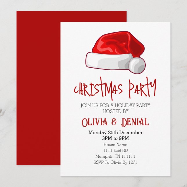 Red Santa Hat Christmas Holiday Party Invitation  (Front/Back)