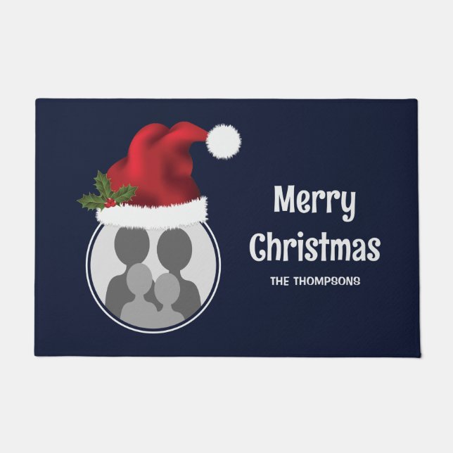 Red Santa Hat Custom Photo Template On Blue Doormat (Front)