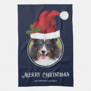 Red Santa Hat Custom Photo Template On Blue Tea Towel