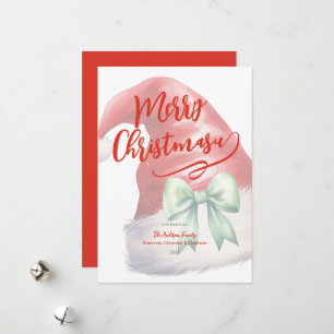 Red Santa Hat Green Bow Personalised  Holiday Card